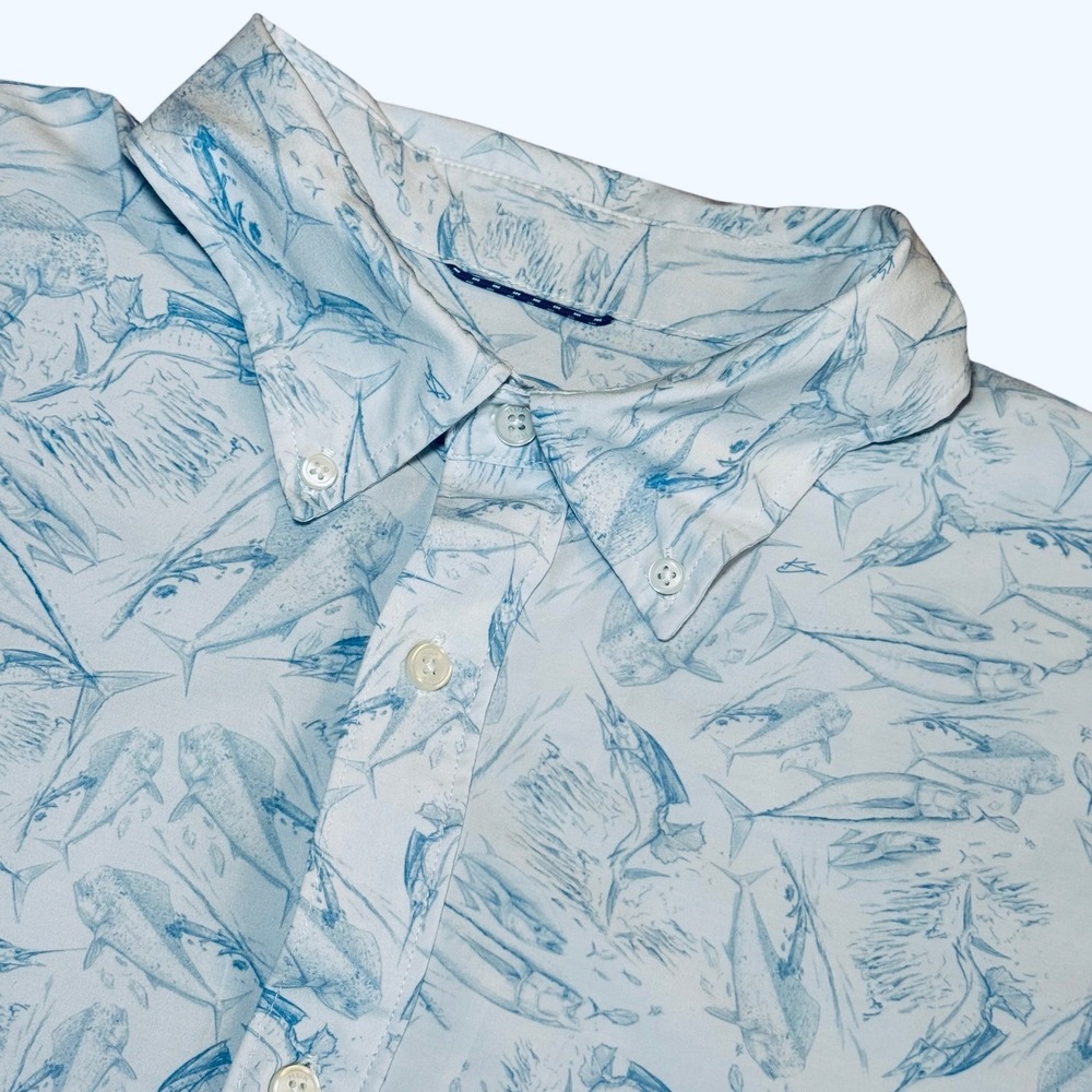 Huk Mens XXL KC Fish Chaos Kona Button Down Tee‎ White Blue Short Sleeve